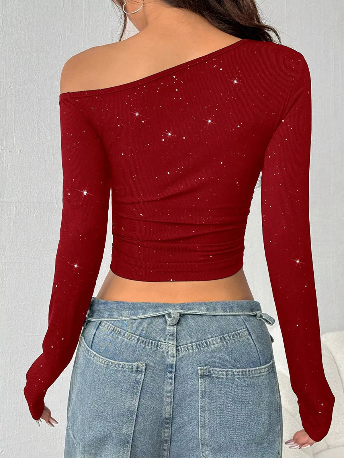 Glitter One-Shoulder Long Sleeve Crop T-Shirt