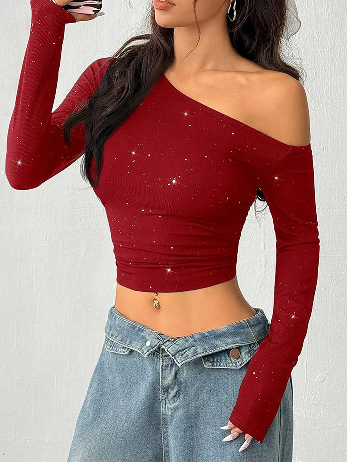 Glitter One-Shoulder Long Sleeve Crop T-Shirt