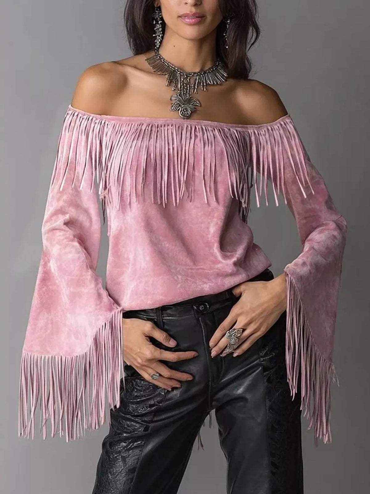 Full Size Fringed Off-Shoulder Flare Sleeve Top Plus Size