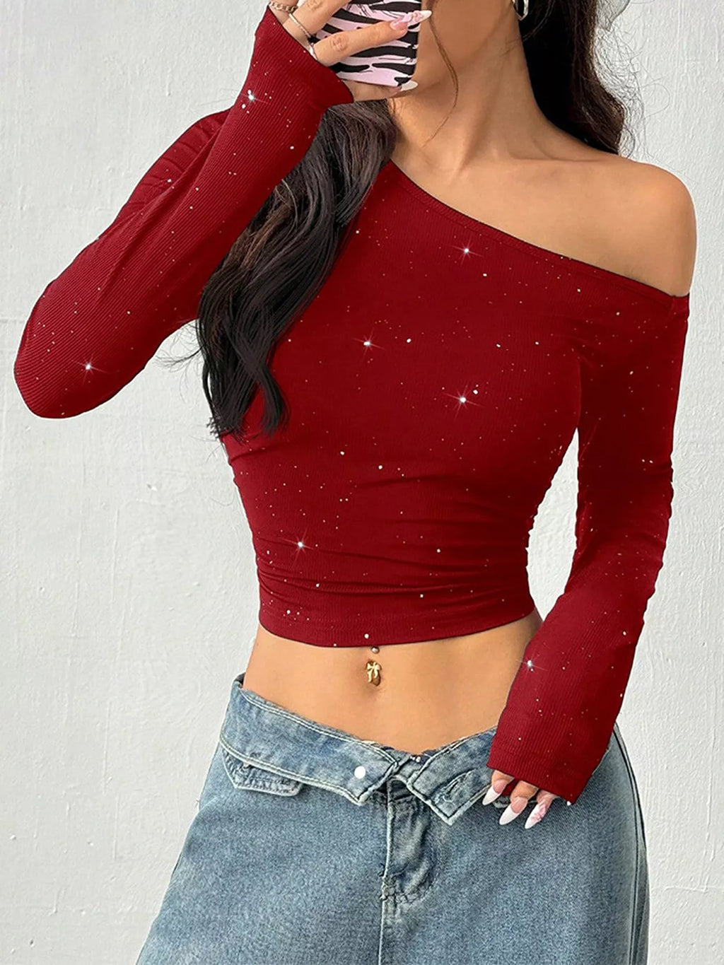 Glitter One-Shoulder Long Sleeve Crop T-Shirt