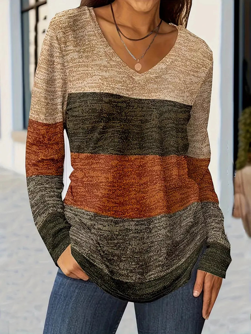 V-Neck Color Block Long Sleeve Casual T-Shirt
