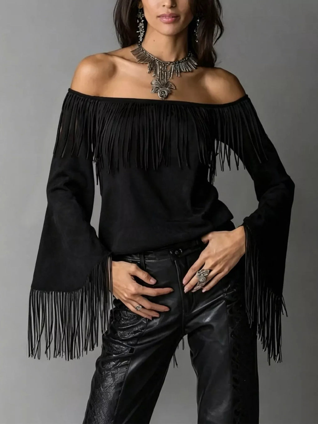 Full Size Fringed Off-Shoulder Flare Sleeve Top Plus Size